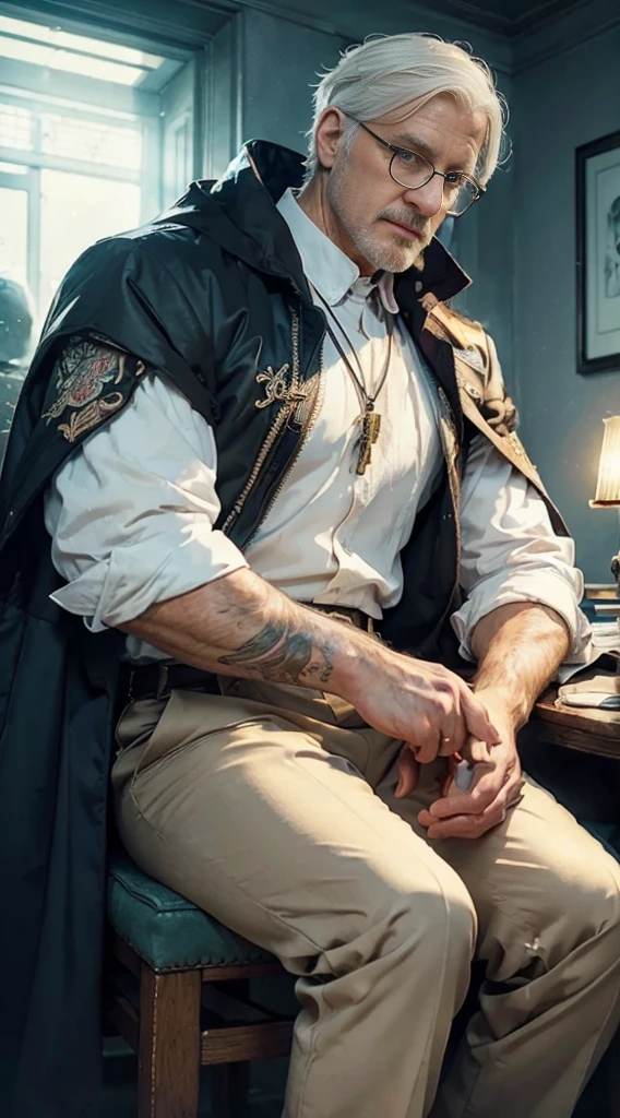 (masterpiece:1.2), (illustration), (best quality:1.2), (best aesthetic:1.2), (beautiful art:1.2), (ultra-detailed:1.2), (8k), (HDR), (wallpaper), (sharp focus), (intricate), (hyper realistic), netherland men, 60 years old, white hair, eyed glasses