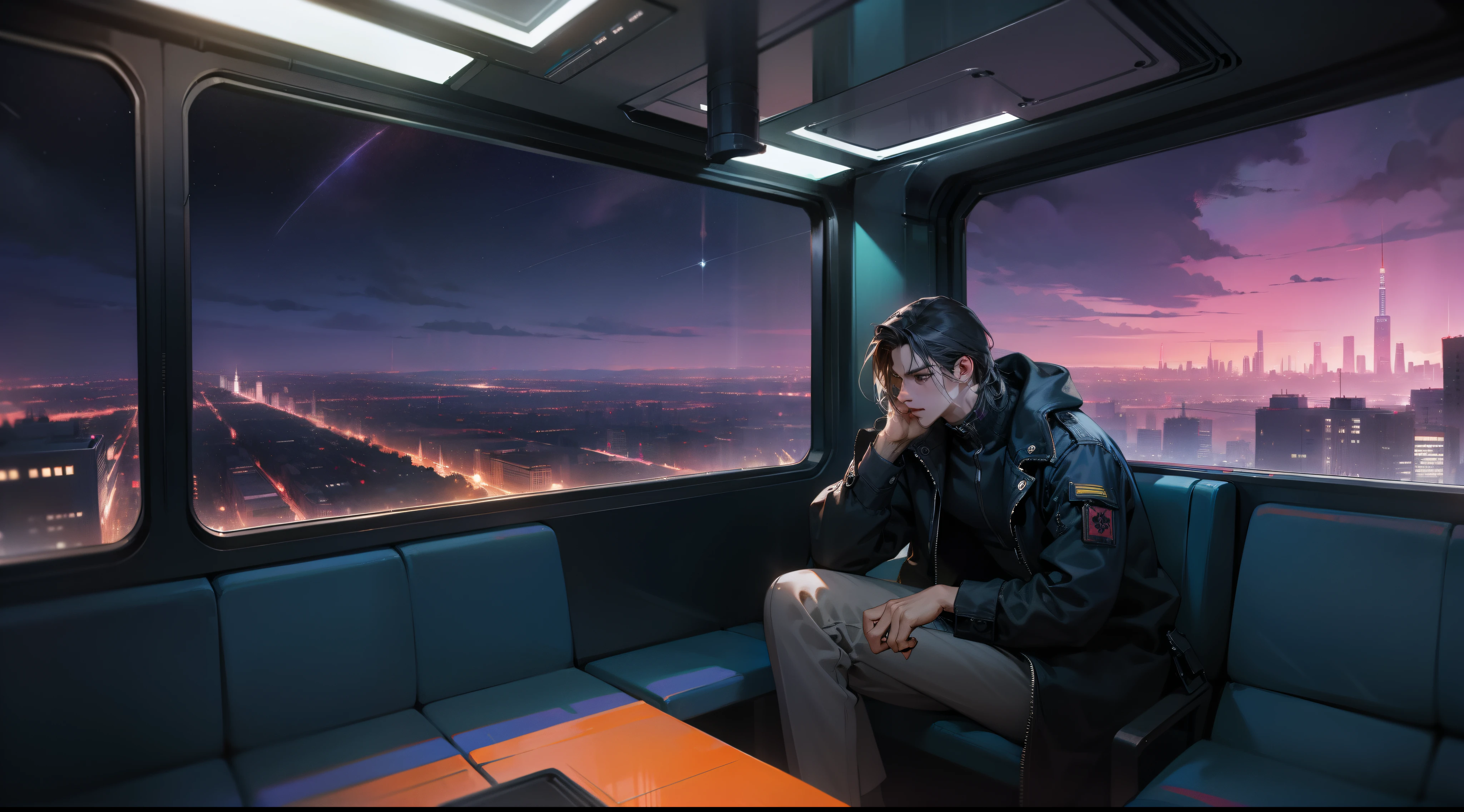 The Train of the Future, ciberpunk, beautiful night landscape of the cyberpunk city, high buildings, Sitting by the window, spacious train, handsome guy sitting alone, Pensive poses, Look at the sky, glued to glass, scenery, I'I'I'I'I'm running at high speed, Night trip, Beautiful dark sky, Handsome guy