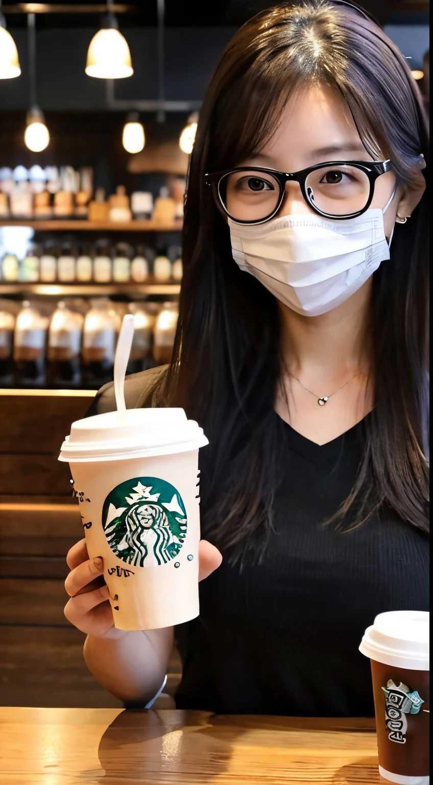 40 year old woman、wears glasses、large mask、cafes、Starbucks、straight、The top of the head is a little thin、top-quality、realisitic、