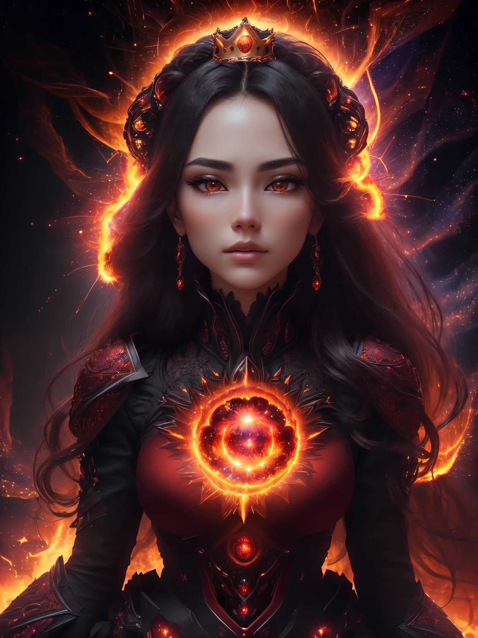 (professional portrait of a gorgeous female:1.3), (highly detailed face and eyes:1.3), (explosion of supernova flames, fire corona, halo of flames:1.5), (pretty face:1.3), (crown made of daggers:1.3), arrogant expression, highly detailed hair, (red_eyes:1.3), long straight black hair, plump lips, attractive features, delicate chin, intricate layered gothic black gown, (best quality, masterpiece, RAW photo, 8k:1.2), (intricate detail, highly detailed, insane detail:1.2), (natural lighting, fire light, dark shadows, crimson light:1.2), (black and red night sky, mist and fog, haunted castle scenery:1.1), (large red blood moon background:1.1), solo, 1girl, fantasy style, concept art, sharp focus, bokeh, (ultra high res, ultra high resolution:1.2), (photorealistic, ultra-realistic, hyper-realistic:1.2), soft contour, professional photography, fine-art photography, rule of thirds, macro photography, HDR, Chiaroscuro, unreal engine 5, ue5, trending on artstation, award winning, (centered, wide angle, close up, panoramic, focus on upper body, straight on view:1.2)