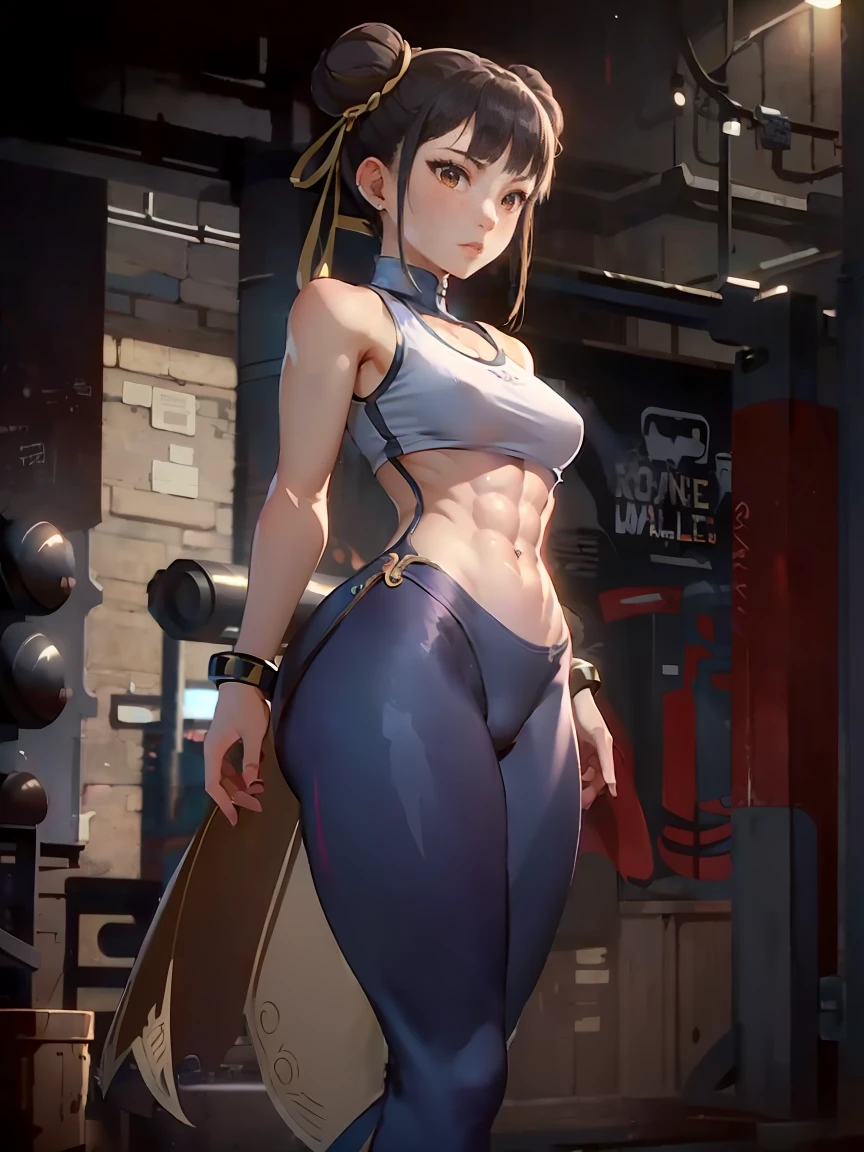 (master piece: 1.1), 1girl, anime, (6 chun), small breasts, double bun hair, (master piece: 1.1), 1girl, solo, 8k, ultrahd, 1girl, gym clothes, legging pants, blue pants, ((leggings, top tank)), (detailed abs), (detailed brown eyes),  (arms in front of the body), handless, soft leggings, , gym enviroment, blur_background,