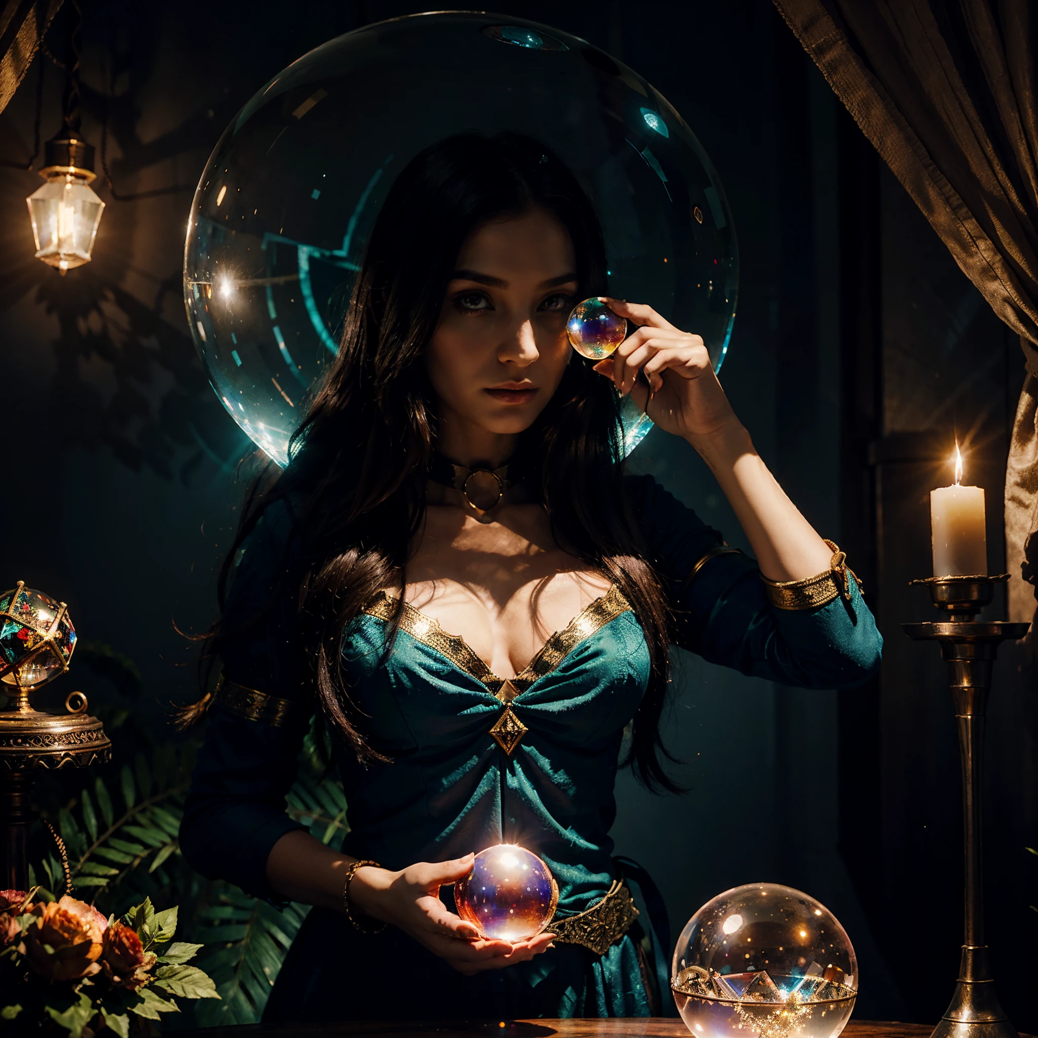 epic, illustration, the mysterious enchantress gazes into her crystal ball. .,