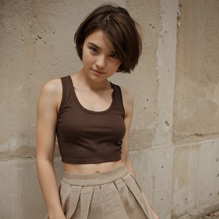 Girl, short hair, brown hair, , wearing a tank top and a cute skirt