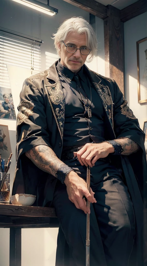 (masterpiece:1.2), (illustration), (best quality:1.2), (best aesthetic:1.2), (beautiful art:1.2), (ultra-detailed:1.2), (8k), (HDR), (wallpaper), (sharp focus), (intricate), (hyper realistic), netherland men, 60 years old, white hair, eyed glasses