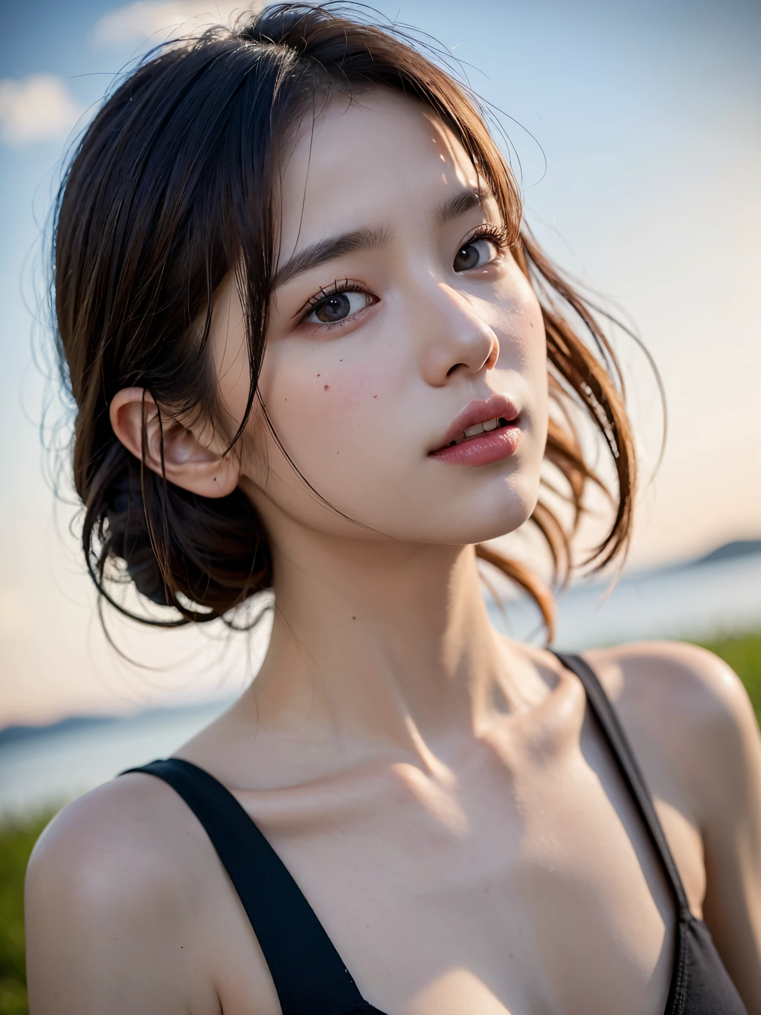 ((pure beauty:0.8, ultra-realistic:1.2)), caucasian flesh:1.2, bright eyes:1.1), light contrast and hue:1.1, high surface:1.1, image quality:ultra hd:1, portrait, high nose bridge, dynamic angle, clouds and sea, field of flowers in the foreground, light tracking, lifelike, informal art, unity 8k, masterpiece，best quality, gleaming skin, cinmatic lighting,