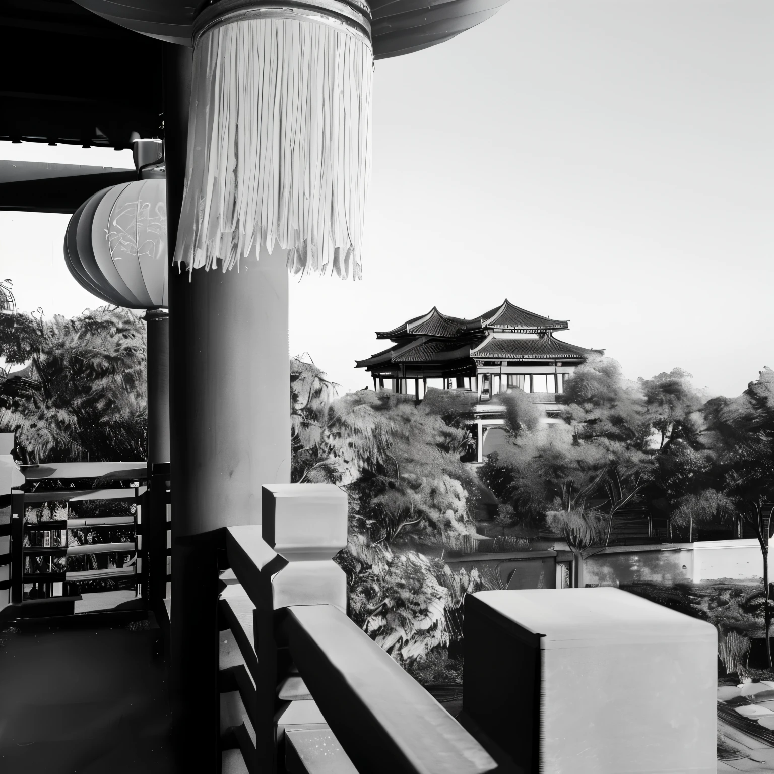 A black and white photo of a pagoda，In the background is a pagoda, Inspired by Kiyomitsu Torii, Chinese, Inspired by Kiyozo Torii, Inspired by Wang Yi, Inspired by Torii Kiyozo II, Palace on top of the hill, temple in the distance, Chinese palaces, Chinese architecture, pagoda with a lot of wind chimes