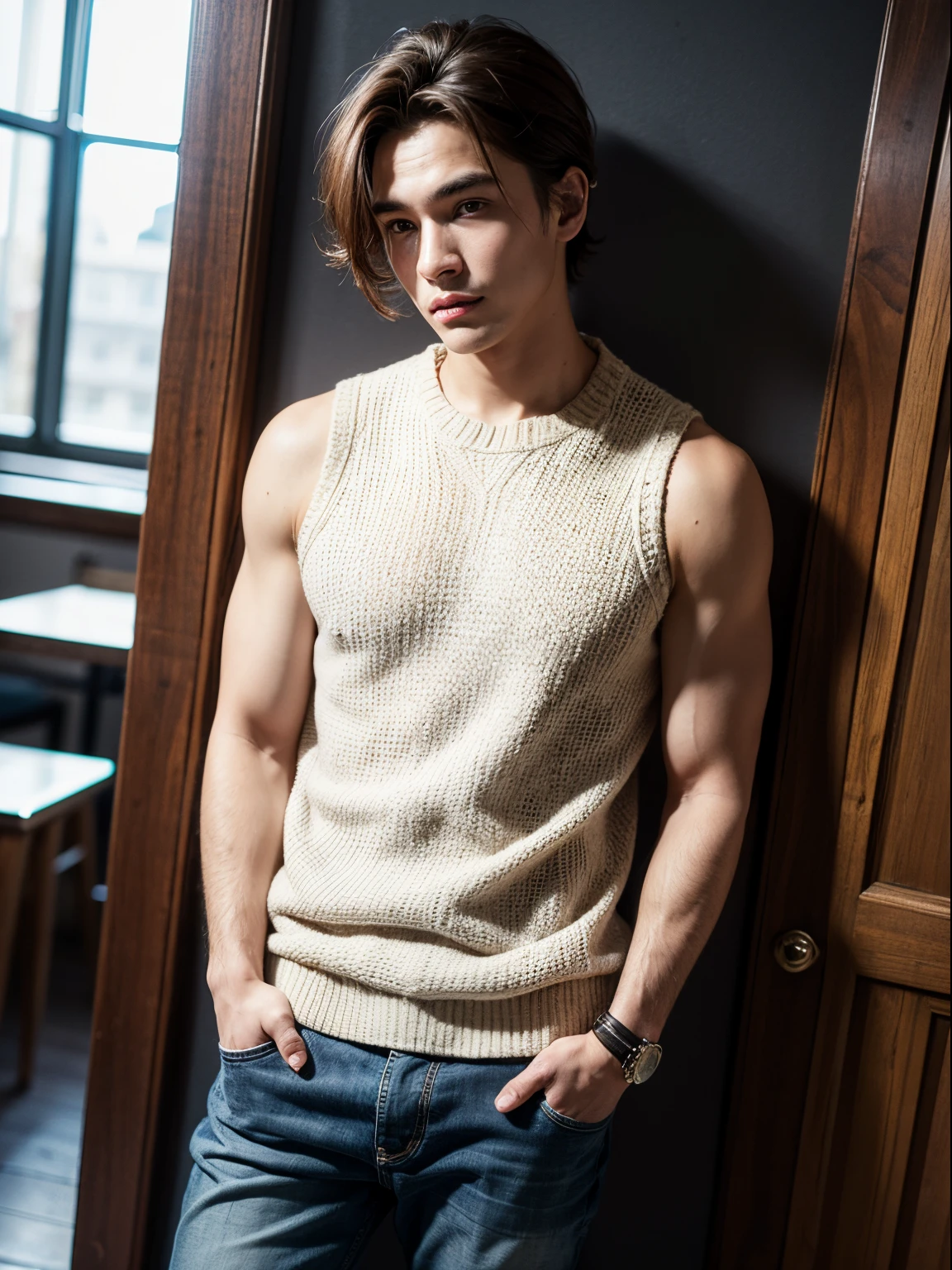 Boy wearing sleeveless sweater nothing underneath just sweater and wearing jeans