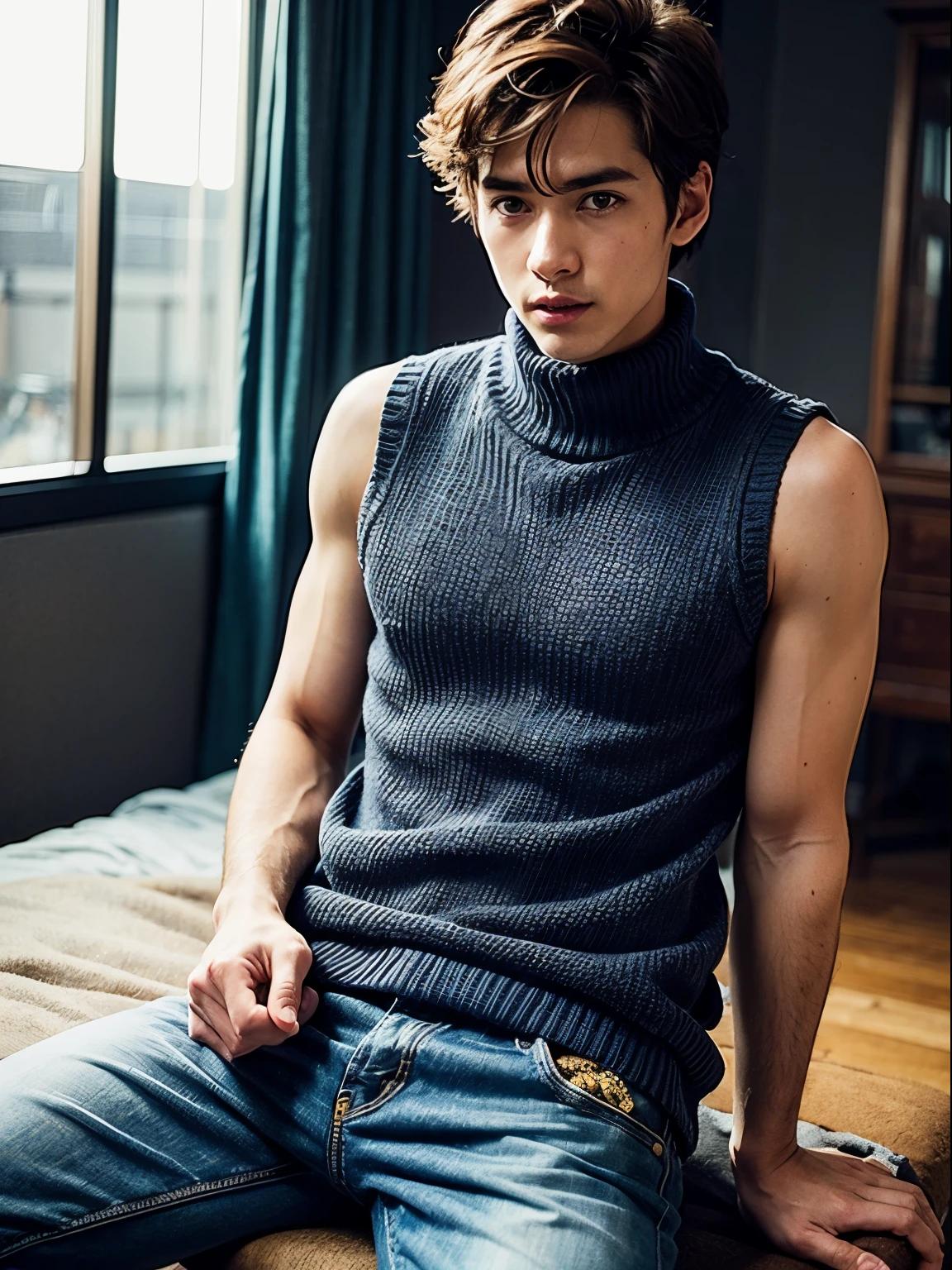 Boy wearing sleeveless sweater nothing underneath just sweater and wearing jeans