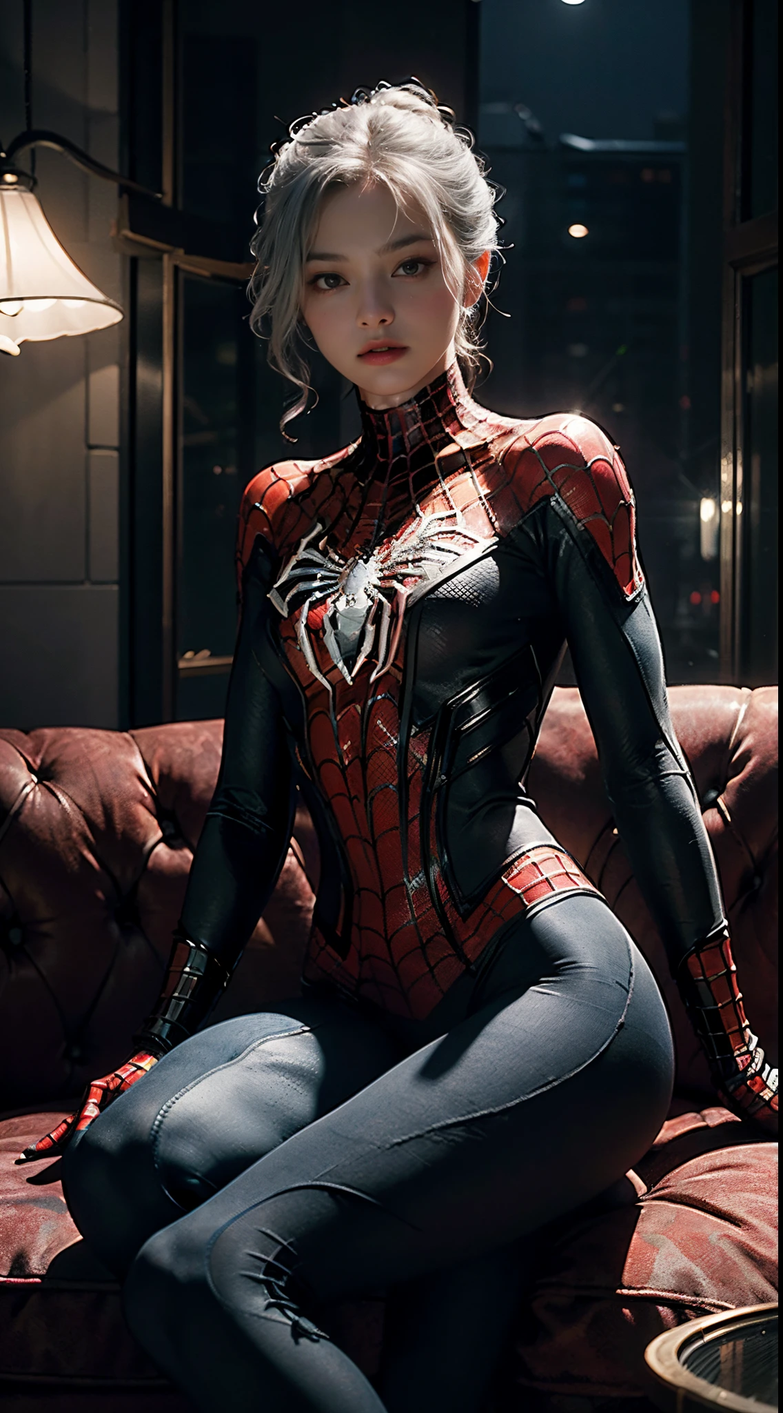 arafed woman in a spider - man suit posing for a selfie, ( ( spiderwoman ) ), spider gwen, gwen stacy, spiderwoman!!, spider - gwen, spider-gwen, anya taylor joy, anya taylor - joy, anya taylor-joy, spiderwoman!!!!!, spider woman, dressed anya taylor - joy