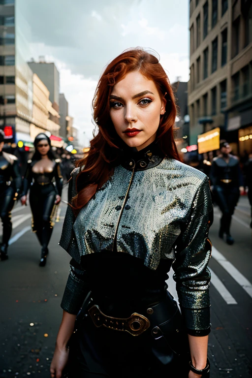 there is a woman standing in front of a group of robots, steampunk male portrait, compositing, beautiful android woman, stormy and grand war scene, inspired by Richard Avedon, a black dieselpunk policewoman, redhead woman, girl in suit, intricate fashion clothing, beautiful female soldier