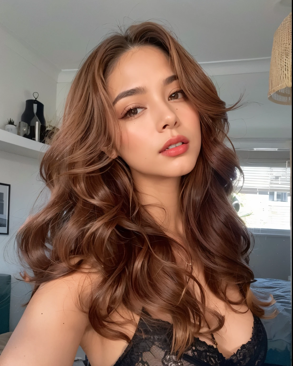 There is a woman with long brown hair and a red lipstick, longos cabelos castanhos encaracolados, brown flowing hair, long flowing brown hair, cabelo castanho coral, longos cabelos castanhos ondulados, cabelos longos ondulados castanhos claros, cabelos longos vermelhos castanhos, longos cabelos ondulados auburn, cabelos castanhos ondulados, cabelo castanho bronze, longos cabelos castanhos ondulados, menina com cabelo castanho, cabelos castanhos cacheados