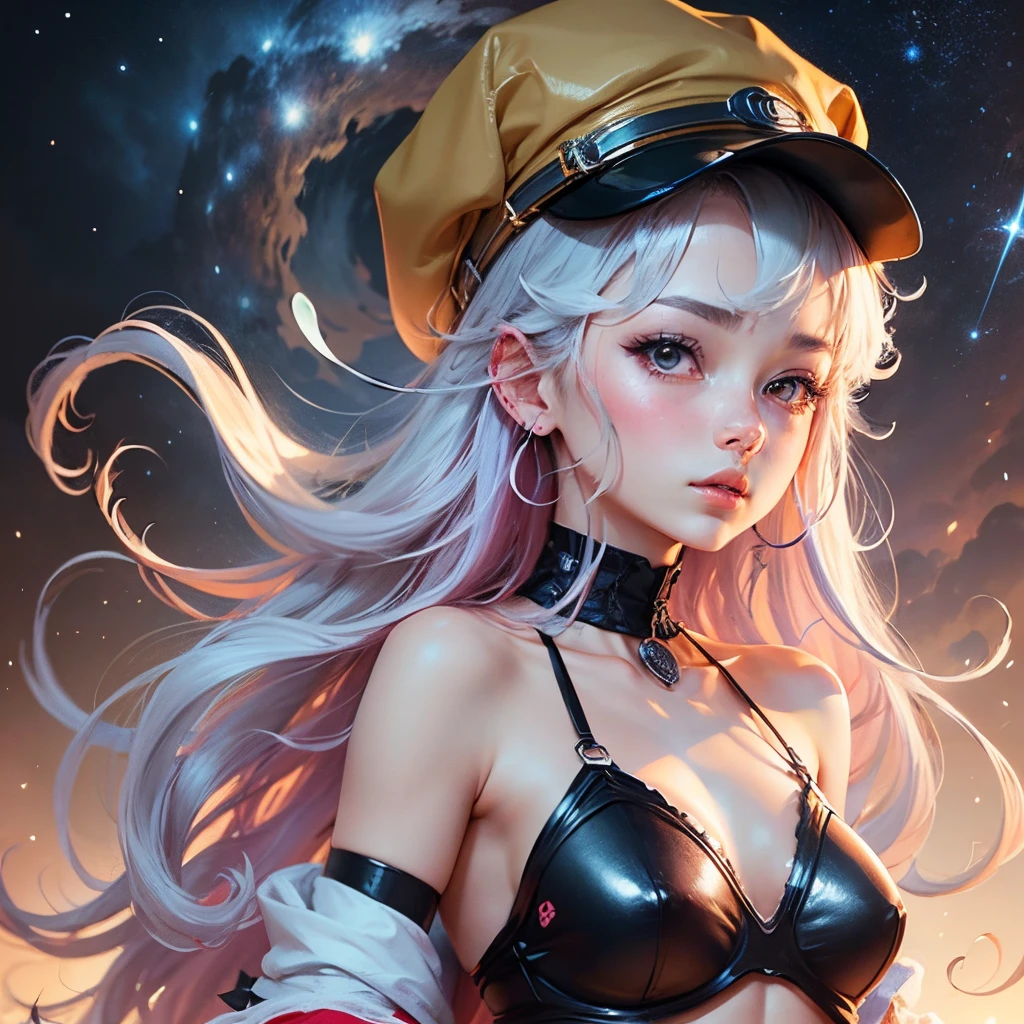 anime girl with pink eyes and a red hat looking at the stars, an anime drawing by Yuumei, pixiv, digital art, anime style 4 k, anime art wallpaper 4 k, anime art wallpaper 4k, anime wallpaper 4 k, anime wallpaper 4k, 4k anime wallpaper, nightcore, anime art wallpaper 8 k, anime vibes --auto --s2