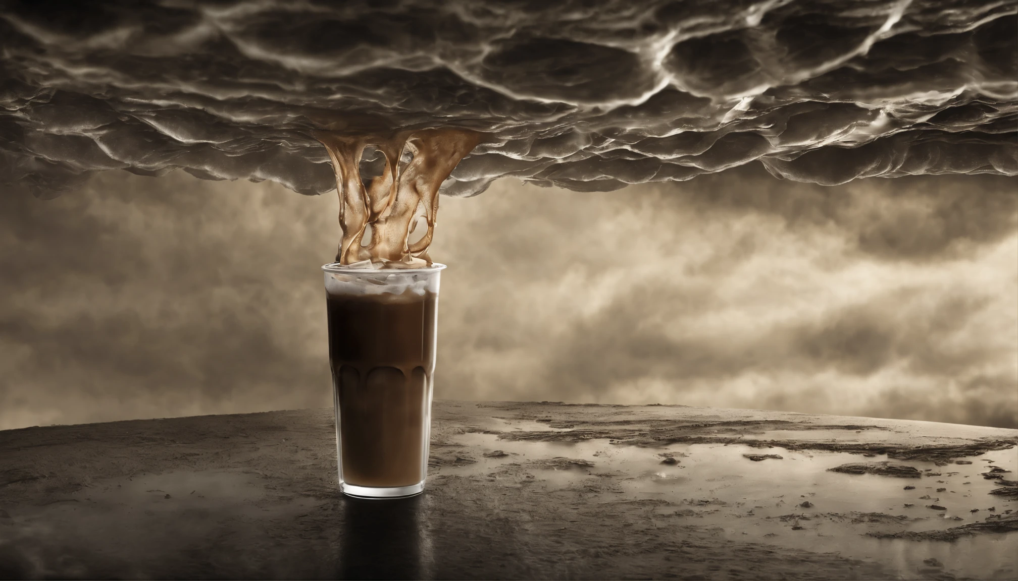 We start by looking at the iced coffee sitting on the cafe table, condensation rolling down the clear plastic cup. Zooming into the creamy light brown liquid, we see swirling islands of creamer spinning like clouds in a summer sky.
