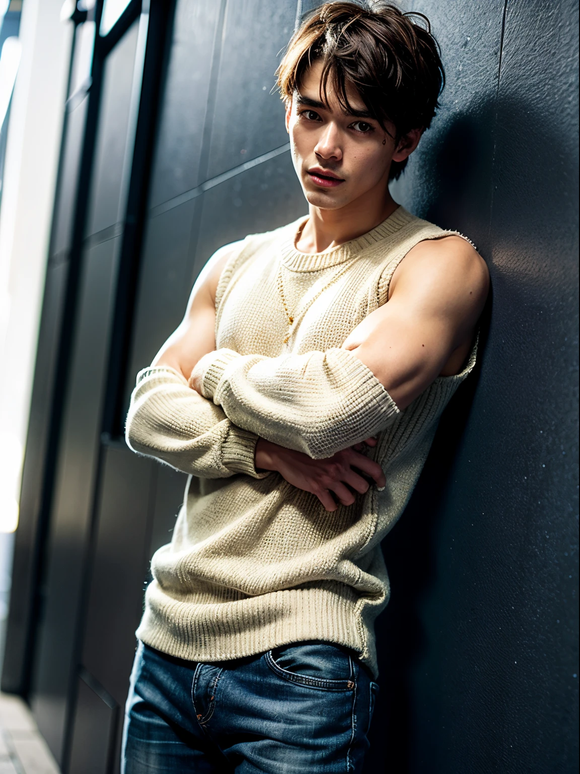 Boy wearing sleeveless sweater with nothing underneath sweater and wearing jeans
