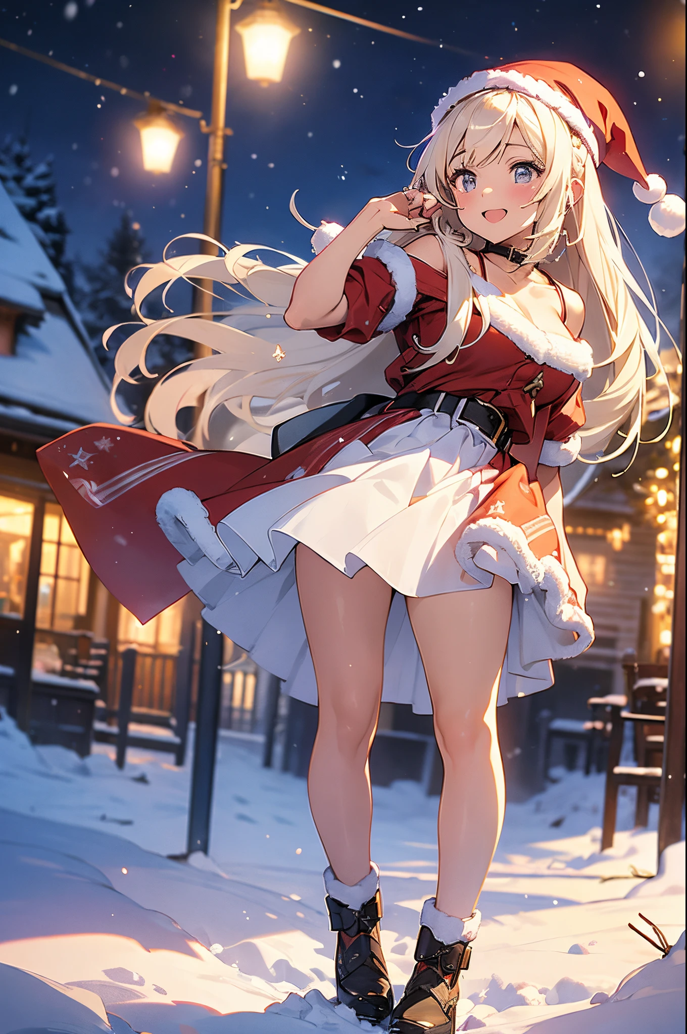 (masterpiece), (best quality), girl standing outside in the snow, christmas outfit, santa claus outfit, sexy, perfect body, christmas lights, night