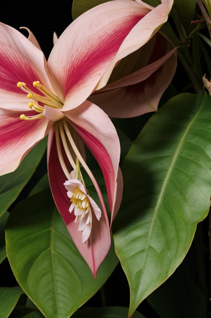 a glowing Epiphyllum in full bloom for an instant, a flower sitting on a branch with leaves, magical colorful flowers, glowing delicate flower, luminous flowers, glowing neon flowers, large exotic flowers, beautiful tropical flowers, enhance, intricate, (best quality, masterpiece, Representative work, official art, Professional, unity 8k wallpaper:1.3)