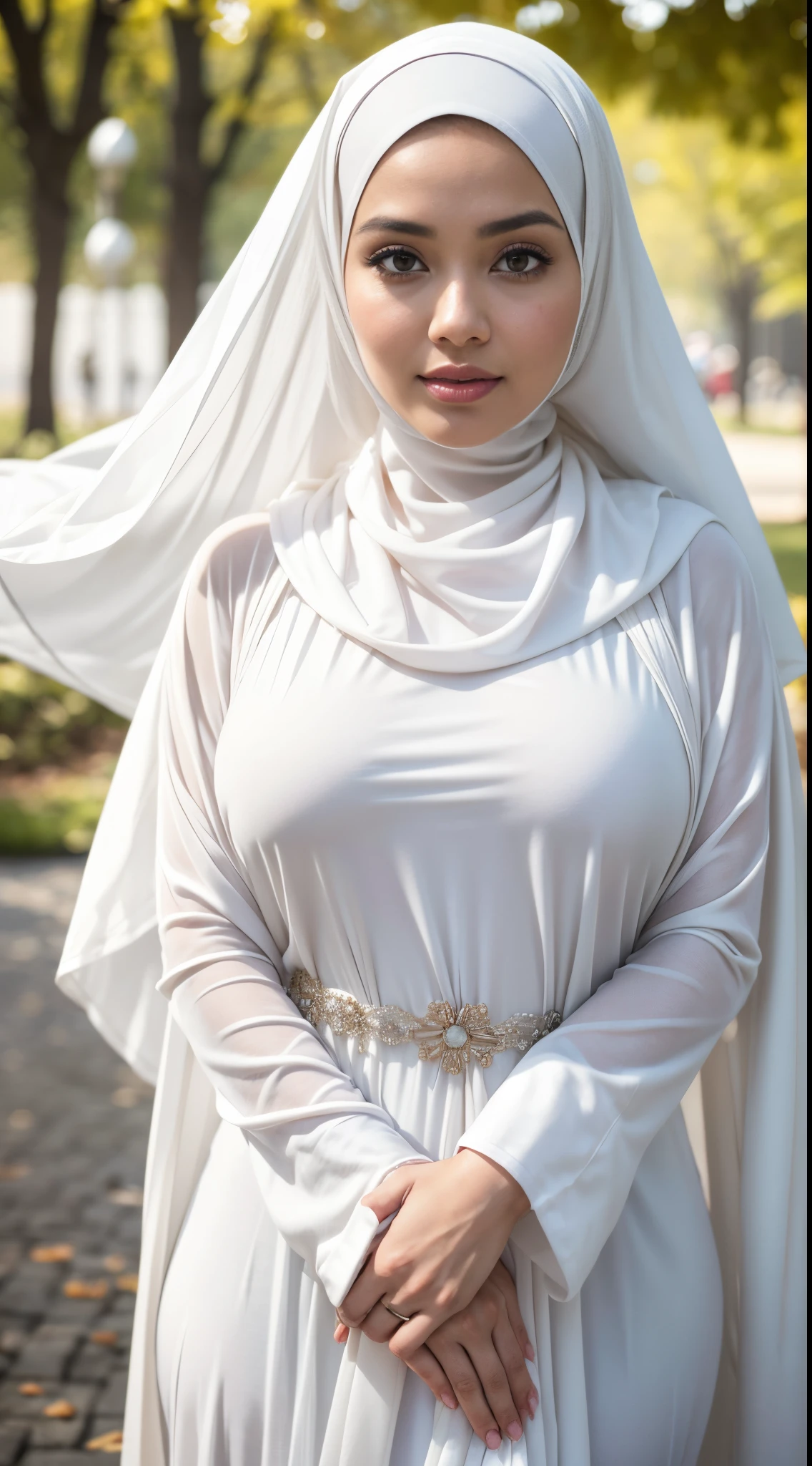 RAW, Best quality, high resolution, masterpiece: 1.3), beautiful Malay woman in hijab, Masterpiece, perfect fit body, (Big breasts), thick thighs, beautiful big eyes, Soft smile, woman wearing white dress and white shawl, white hijab, nun fashion model, white silk veil, white robe, white robe, long white robe, beautiful woman in white dress, hijab, veiled, long white robe, robed, flowing white robe, woman in robes, very long white robe, Delicate turtleneck, necklace, hairband, evening walk, City park, Great lighting, Bright colors, Clean lines