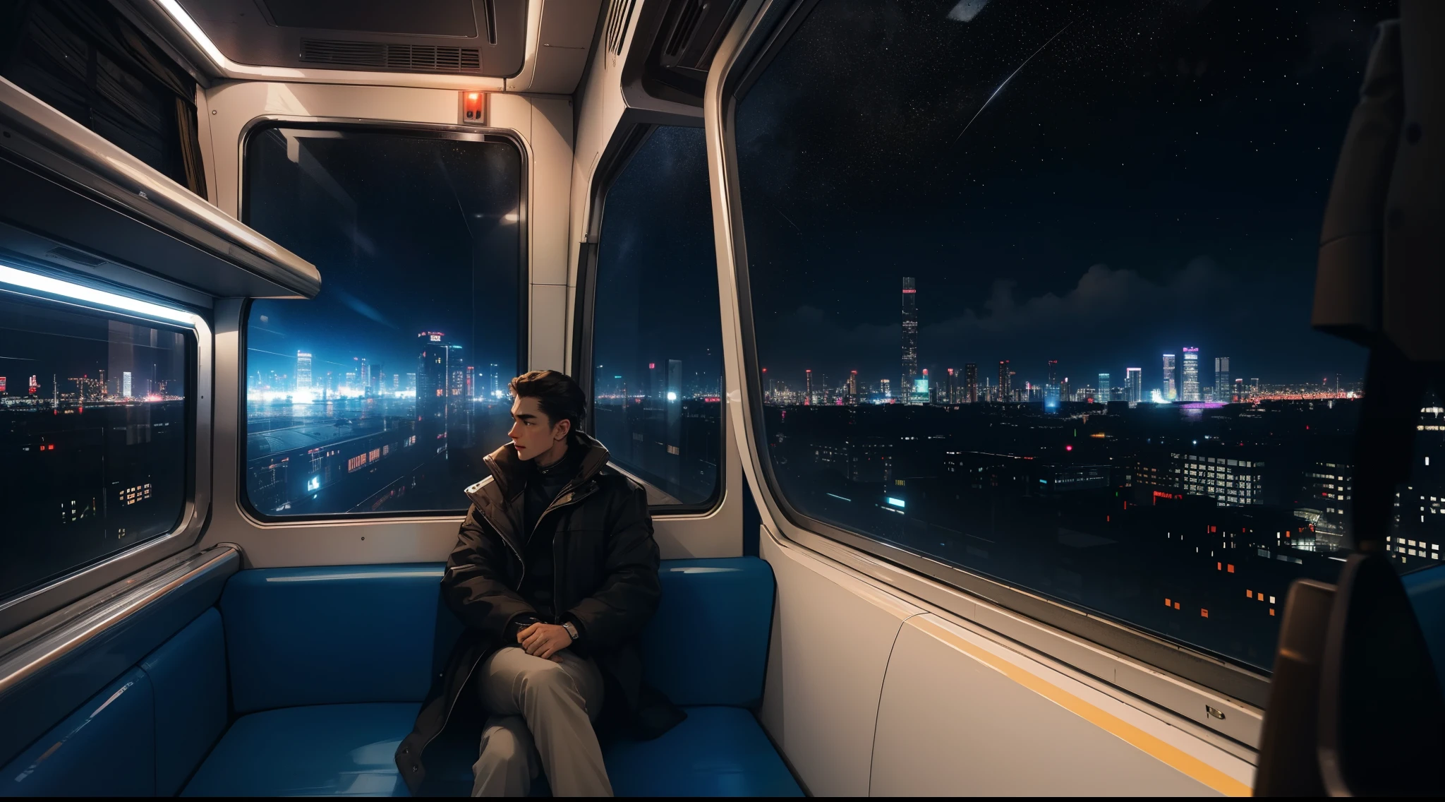 The Train of the Future, ciberpunk, beautiful night landscape of the cyberpunk city, high buildings, Sitting by the window, spacious train, handsome guy sitting alone, Pensive poses, Look at the stars, glued to glass, scenery, I&#39;I&#39;I&#39;I&#39;m running at high speed, Night trip, Beautiful dark sky, Handsome guy