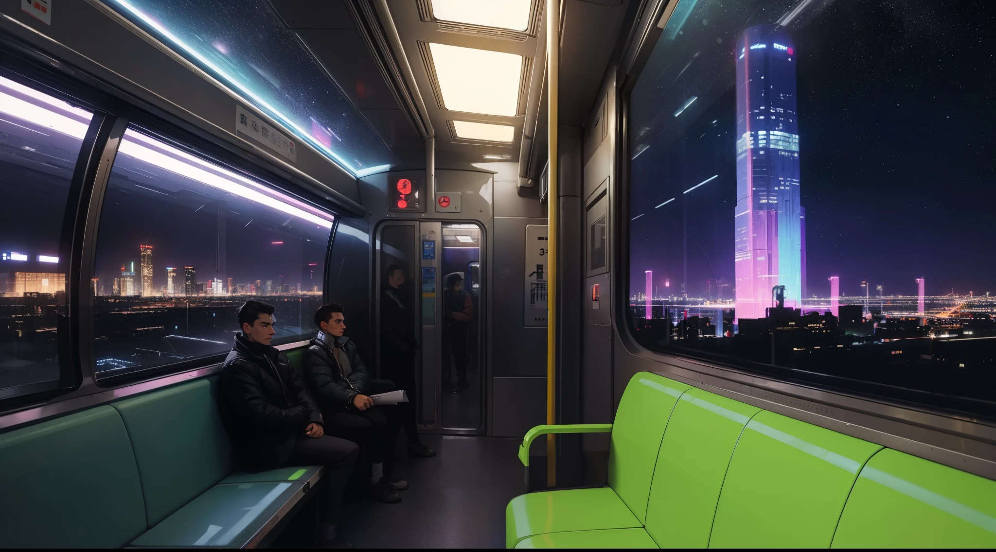 The Train of the Future, ciberpunk, beautiful night landscape of the cyberpunk city, high buildings, Sitting by the window, spacious train, handsome guy sitting alone, Pensive poses, Look at the stars, glued to glass, scenery, I'I'I'I'm running at high speed, Night trip, Beautiful dark sky, Handsome guy