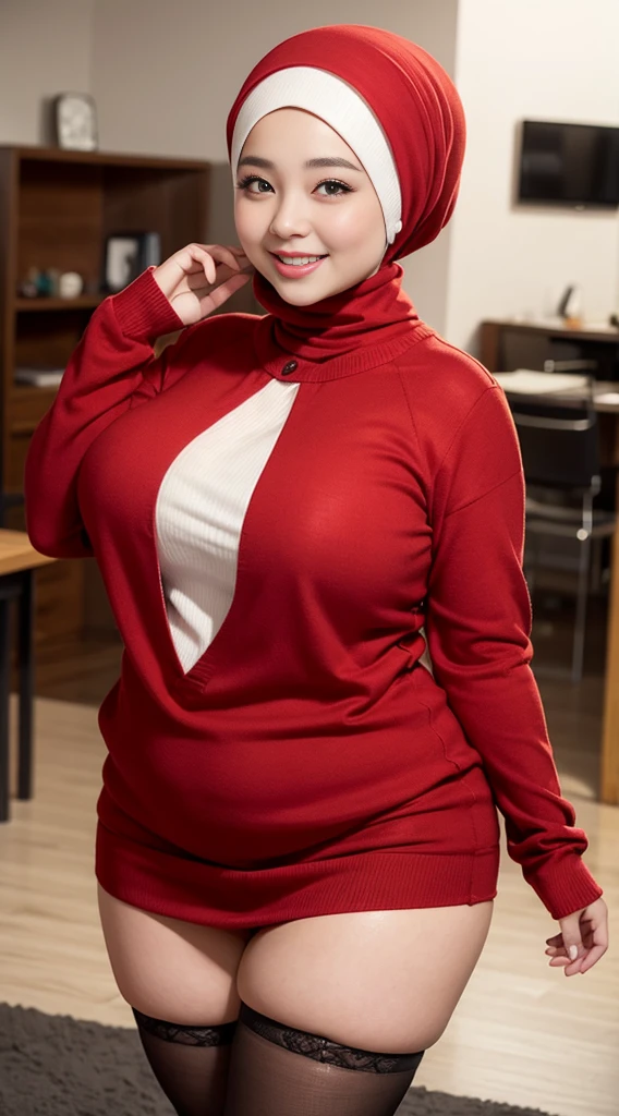 beautiful chubby woman wearing a hijab, wearing a red long-sleeved knitted shirt, wearing a mini skirt, stockings, big breasts, smiling sweetly, ultra details