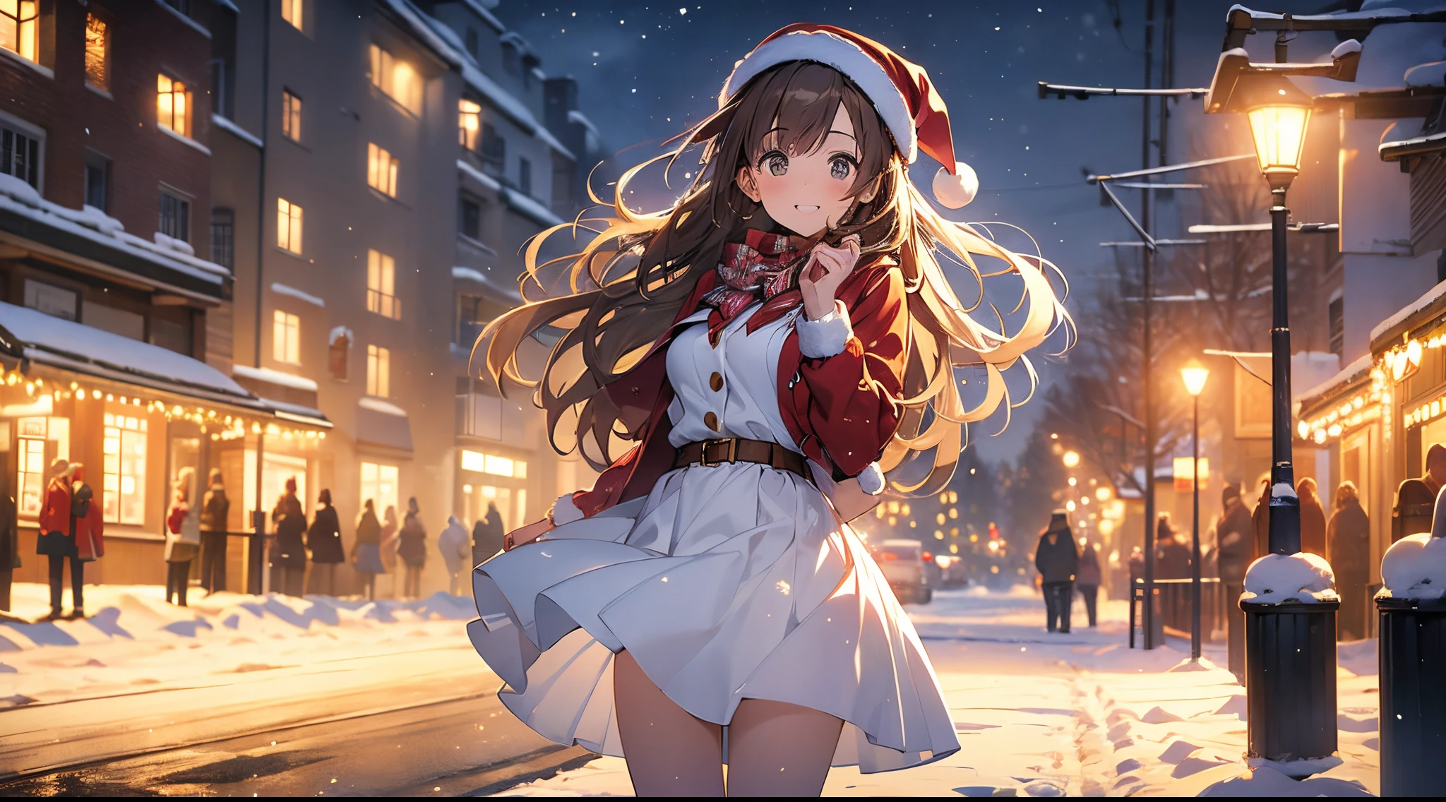 (masterpiece), (best quality), girl standing outside in the snow, wavy brown hair, christmas outfit, santa claus outfit, sexy, perfect body, christmas lights, night
