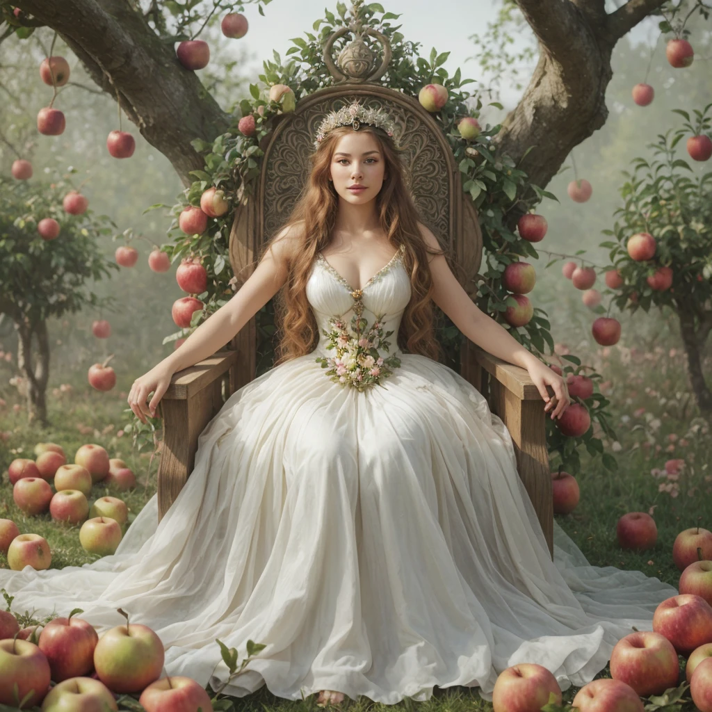 painting of a woman sitting in a chair surrounded by apples, karol bak uhd, goddess of nature, queen of nature, nature goddess, inspired by Ruth Sanderson, by Alexander Kucharsky, stunning woman, persephone, fairytale artwork, gorgeous lady, gorgeous woman, darrell k sweet, inspired by Alison Kinnaird, beautiful digital artwork, amazing art, on her throne
