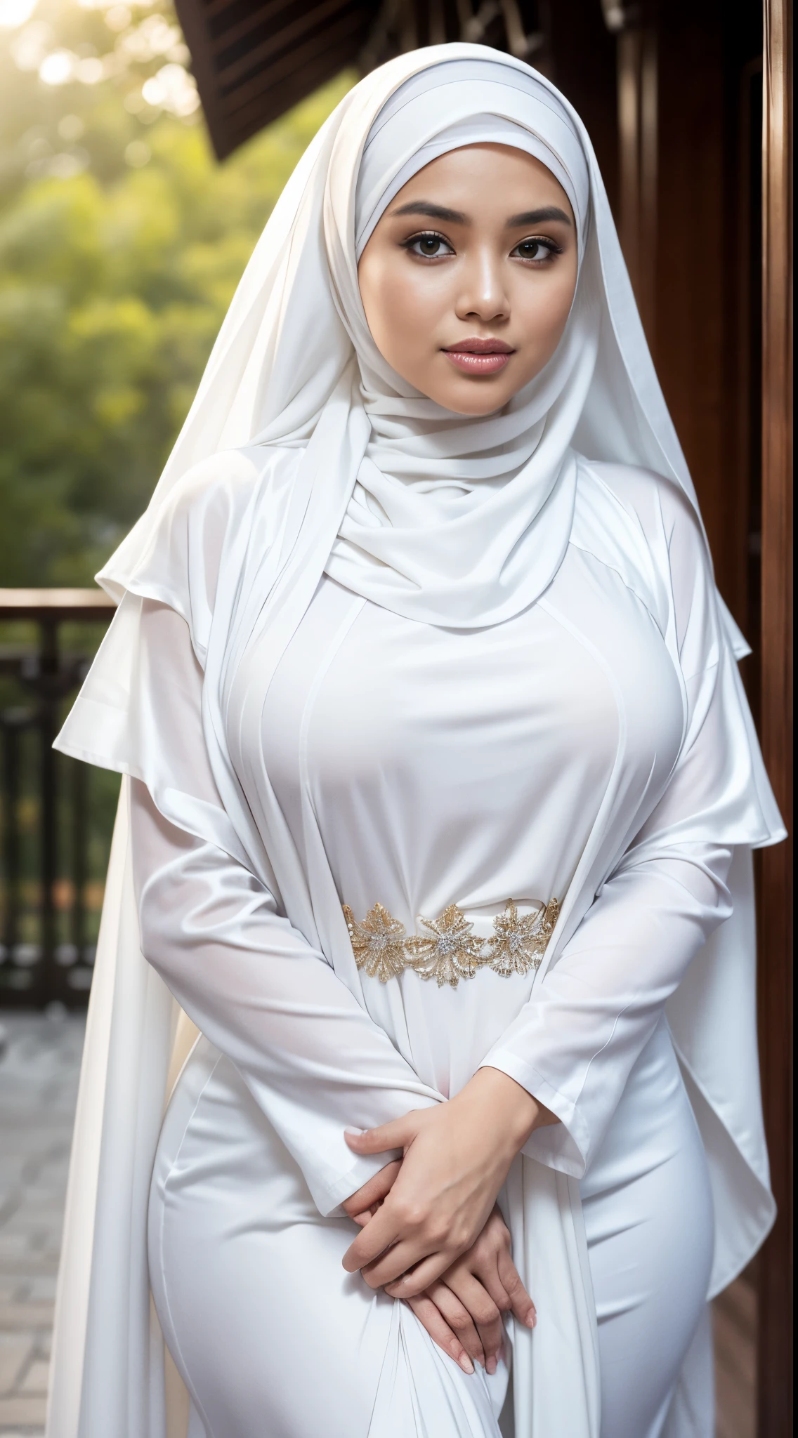 very beautiful mask woman,,long wet white tight shirt and long skirt outfit,super big breast,(P cup),very detailed facial happy expression,beautiful red eyes,hold a ,standing in city street,hijab
