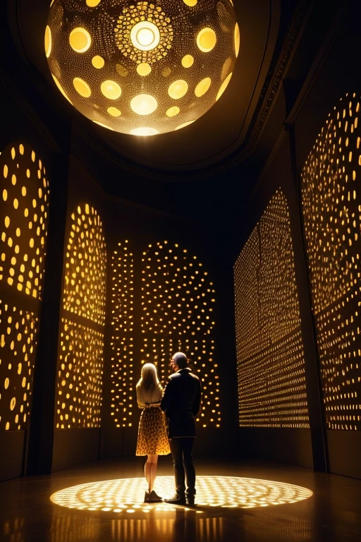 a couple of people that are standing in a room, by Yahoo Kusama, interactive art, rayonism light effects and bokeh, hanging out with orbs, taken in 2022, olafur eliasson