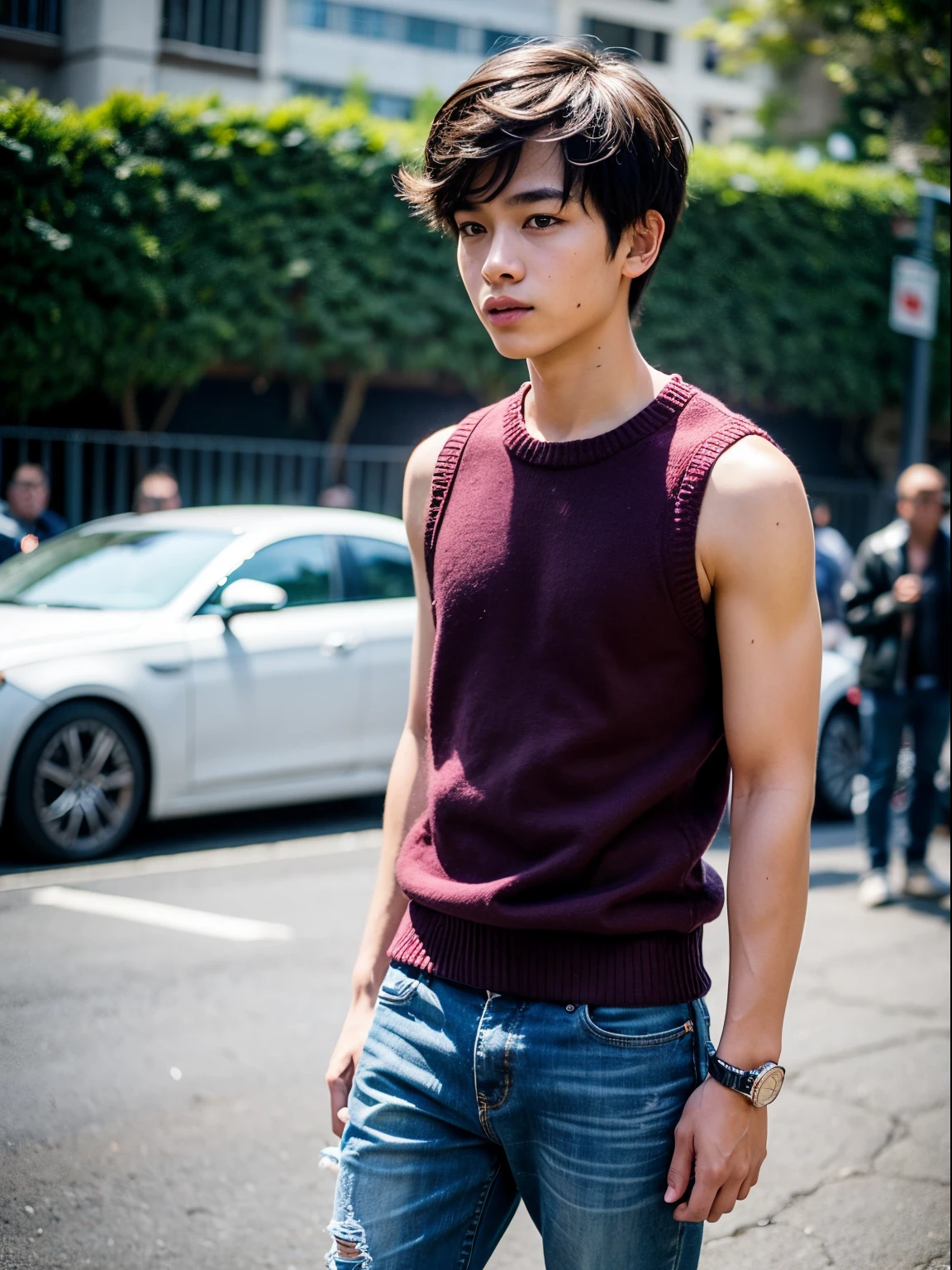 Boy wearing sleeveless sweater nothing underneath just sweater and wearing jeans