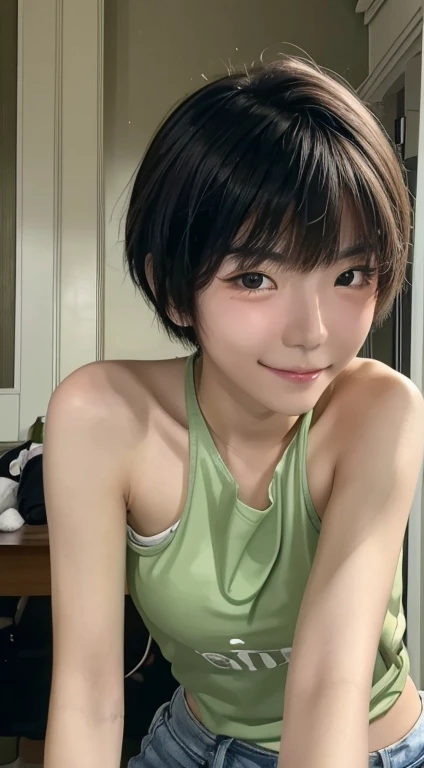 RAW quality,highest quality,best images quality,Exaggerated details,Clear face of a cute 18 year old Asian girl,The expression is shy,Squint his eyes slightly,long eyelasher(Short hair details,sleeveless tops,Strike a pose in front of the camera,accentuating her,A slight smil。