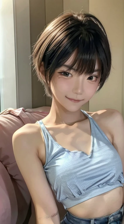 RAW quality,highest quality,best images quality,Exaggerated details,Clear face of a cute 18 year old Asian girl,The expression is shy,Squint his eyes slightly,long eyelasher(Short hair details,sleeveless tops,Strike a pose in front of the camera,accentuating her,A slight smil。