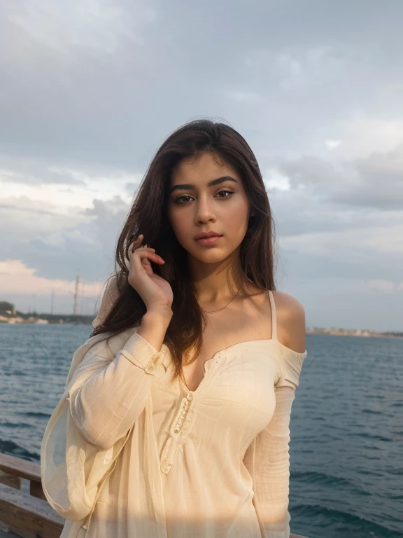 (Best quality, Ultra-detailed, Masterpiece:1.5), Photorealistic photograph of a beautiful pakistani woman. The woman should have a flawless, highly detailed face (Highly Detailed Skin) with soft, luminous skin. Her long hair should be naturally brown and stylishly arranged. (Perfect Eyes:1.2). The photography should feature high-quality film grain (ISO 400, 30mm lens RAW f1.8 aperture. The woman should be dressed modestly.