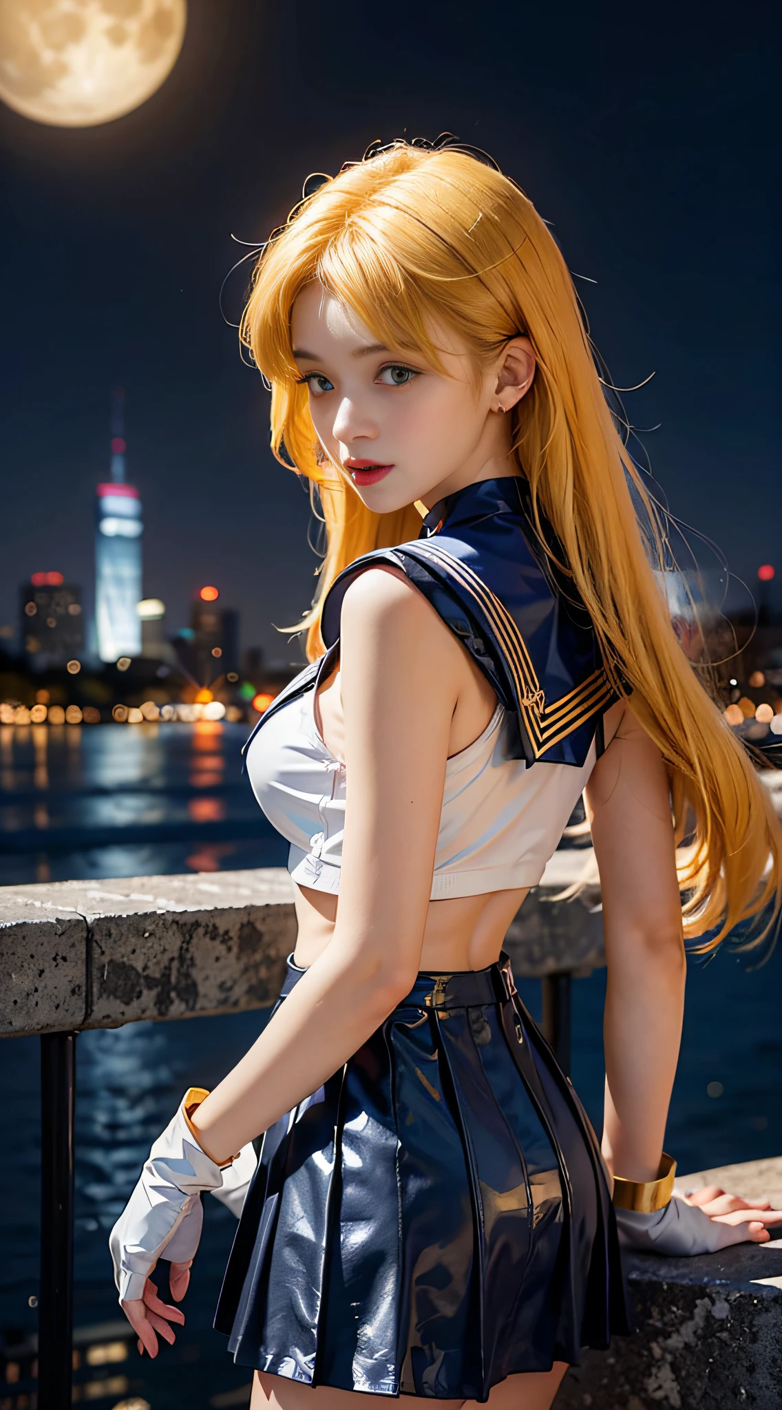 ((masterpiece:1.4)、(top-quality:1.4)、(reallistic:1.7))、masuter piece:1.4、a beauty girl、(Sailor Moon:1.4)、Tsukino Usagi、Body Fit Sexy Sailor Senshi Uniform、(latex shiny)、(The jacket is a white sleeveless sailor suit...)、(Skirt Blue Sexy Ultra Ultra Pleated Mini Skirt)、There are two thin blue lines on the collar of the sailor uniform......、high leg swimsuit、Red cloth ornament at chest、(Wearing white gloves)、Kawaii Girl、Super beauty、foco nítido、Portrait photos、(Perfect female body:1.4)、perfectly proportions、Upper body photography:1.4、美丽的面容、beautidful eyes、Narrow waist、beauty legs、(yellow hair:1.4)、(length hair:1.2)、Beautiful udder、large full breasts:1.2、Sexy ass、Raw photo、red-lips、Red high heels:1.4、a choker:1.4、a necklace:1.4、耳环:1.4、Luxurious Golden Tiara:1.4、1 screen display、a moon、kosmos、spaceships、A space station、City of the Future