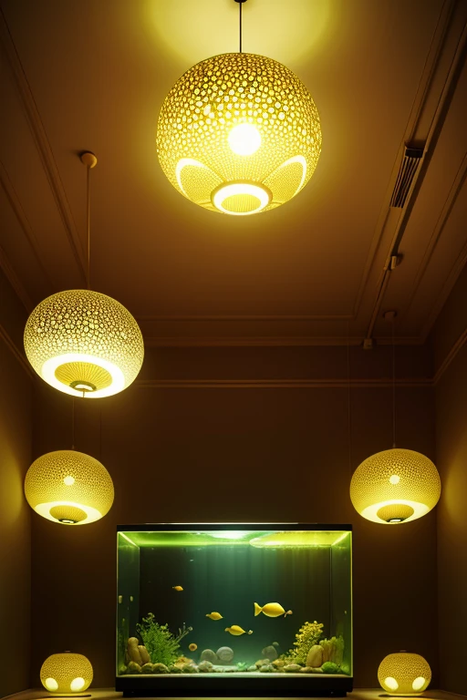 there is a fish tank in the middle of the room, a digital rendering, by Yayou Kusama, interactive art, lime and gold hue, mat collishaw, image credit nat geo, yellow lanterns