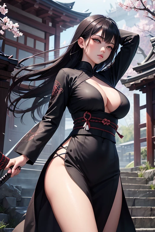 perfectart:ultra-detailed,highres,photorealistic,oriental ninja girl,beautiful detailed eyes,beautiful detailed lips,extremely detailed eyes and face,longeyelashes,[mask],[big breasts],black kurta,armed with katanas,striking a dynamic pose,stunning garden scenery,traditional japanese architecture,subtle lighting,subtle color palette,delicate cherry blossom petals,thin wisps of smoke swirling in the air,hint of mystery and danger,an atmosphere of tranquility and strength