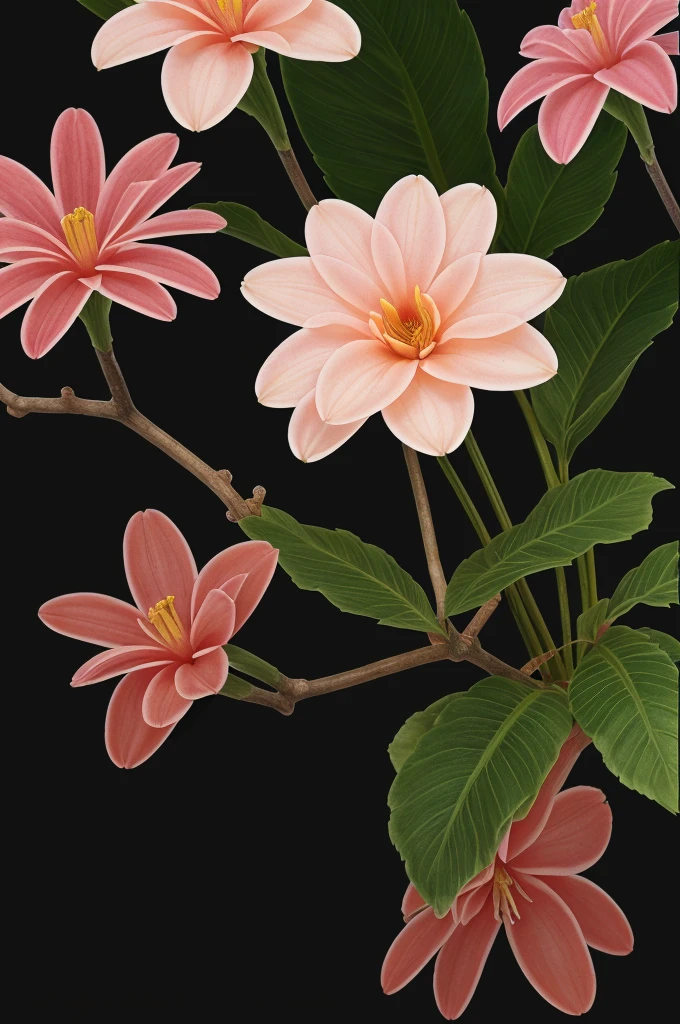 a flower sitting on a branch with leaves, magical colorful flowers, glowing delicate flower, luminous flowers, glowing neon flowers, large exotic flowers, beautiful tropical flowers, enhance, intricate, (best quality, masterpiece, Representative work, official art, Professional, unity 8k wallpaper:1.3)