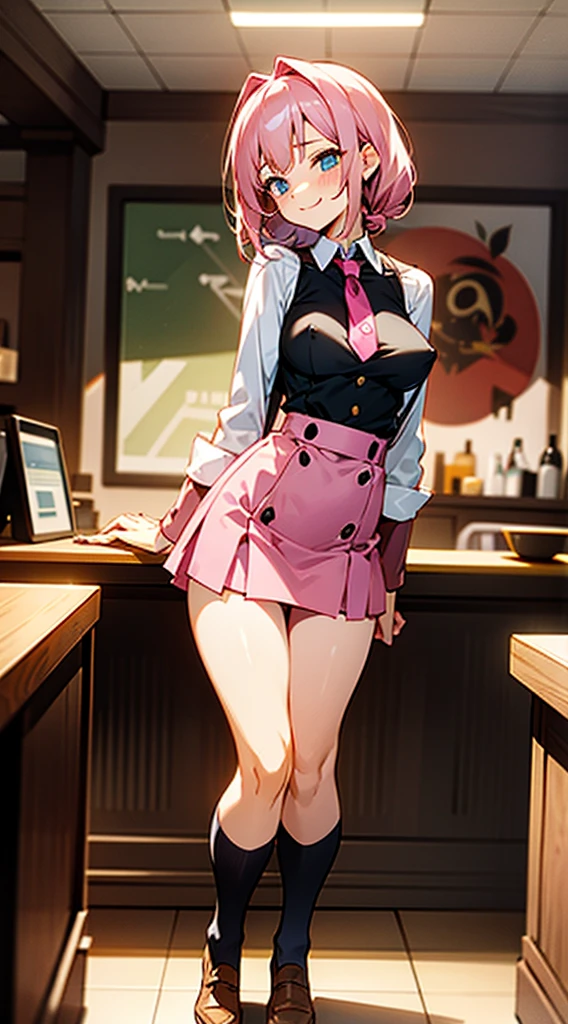 Dark pink uniform in the style of Anna Millers, cute girl clerk, A slightly shy smile for customer service, leaning down, Bustier-style dark hot pink dress that doesn't hide the breasts, Soft breasts around C cup, Hot pink fluttering miniskirt, knee high socks, and draw the full body, unwear, Taking off clothes, She stands on one leg and takes off her panties down to her thighs., Interior of a large Western-style coffee shop, Her uniform is a little disheveled and her breasts are exposed., Draw nipples,Her skirt is a little disarray and her crotch is visible.,draw the crevice between the legs, Drops are dripping from my crotch, slightly dampening my thighs.