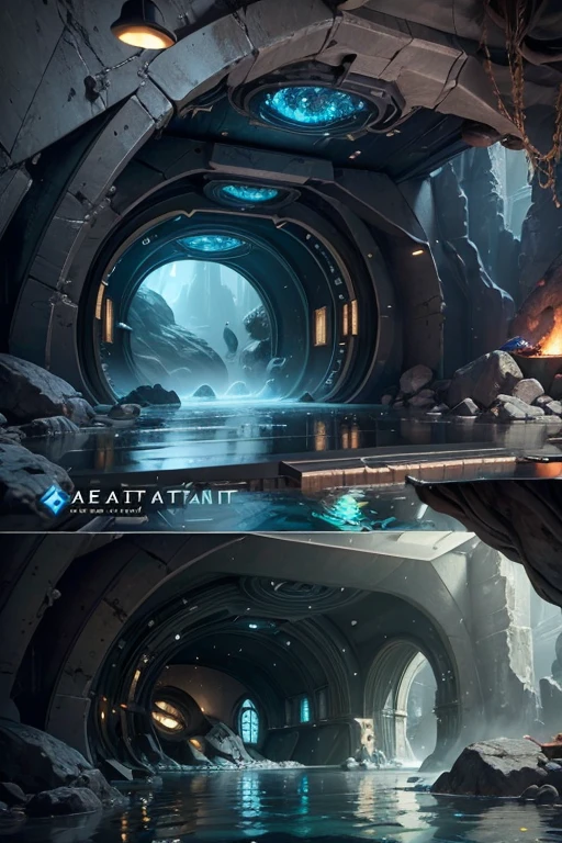 ((SeaArt Logo)) !Highest quality! Masterpiece! Cinematic image. 3D visualization. The scene was recreated using Unreal Engine. The highest quality, details, textures, materials, and clear forms (smooth bionic, synthetic material, artificial stone, plastic, metal). Black radiance from the depths of forms, an alien ship, an alien civilization, alien worlds. One creature. Frontal camera view, perspective, with watery ceilings, deep grotto, and membrane floor.