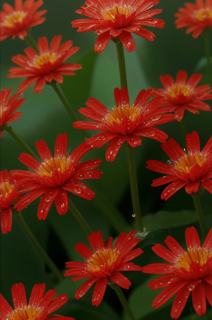(bright red flowers), with dew drops, close-up, macro photography, golden , colored background, glow, sunlight and highlights, high detail, full detail, high resolution, glow, rendering, photorealism, 55mm, volumetric lighting, ray tracing, reflections, enhance, intricate, (best quality, masterpiece, Representative work, official art, Professional, unity 8k wallpaper:1.3)