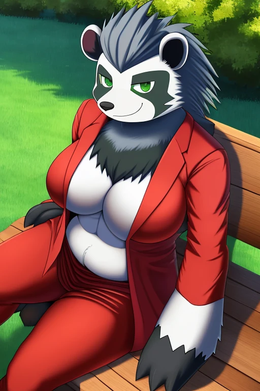 anime, anime pokemon style, solo, 1girl, ((best quality)), ((masterpiece)), (detailed), perfect face, (((Pangoro))), Female, [pokemon; pangoro], ((masterpiece)), ((full body)), ((detailed shading)), (green eyes), (friendly), red hakama pants, full body portrait, voluptuous, tall, muscled, fluffy, furry, fuzzy, relaxing on park bench,