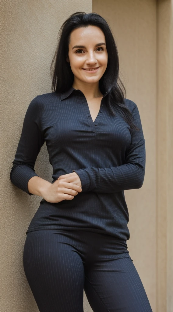 smiling woman wearing a pink shirt with a black and white stripe with black leggings, this person does not exist, with no facial features, androgynous person, entire person visible, 30-year-old french woman, sweaty face, wide forehead, frumpy figure, pear shaped body, ugly, unattractive, homely, entire body visible, full body, hyperrealistic, best quality, 8K, real human skin, masterpiece, extremely intricate, detailed eyes, detailed face, detailed body, exaggerated features, pronounced features, fujifilm