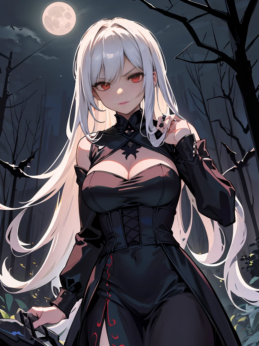 Bad girl, mature woman, older, long chiseled face, masterpiece, best quality, ultra detailed, 1 girl,
Ivory-maned siren, long hair, red eyes, haunting gaze, painstakingly crafted eyes, seductive look, black gothic dress, alluring clothing, night, moonlight, trees, plants, flowers, bats fling in background, horror scenery, detailed scenery,