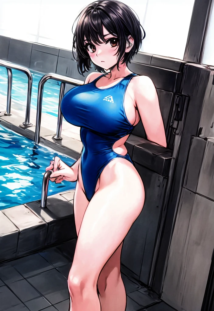 A beautiful girl with big breasts and beautiful legs who has a short cut with her hair spread out in the back and a boyish style is standing by the school pool in a blue high-leg swimsuit, looking at the photographer with a stunned expression on her face. Masu。