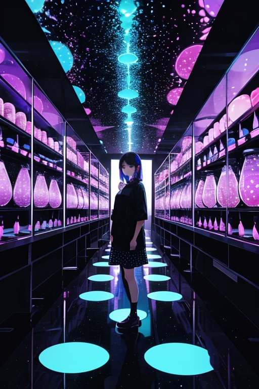 a woman standing in front of a display of polka dots, interactive art, lava lamps, black light, psychedelic architecture, drinking