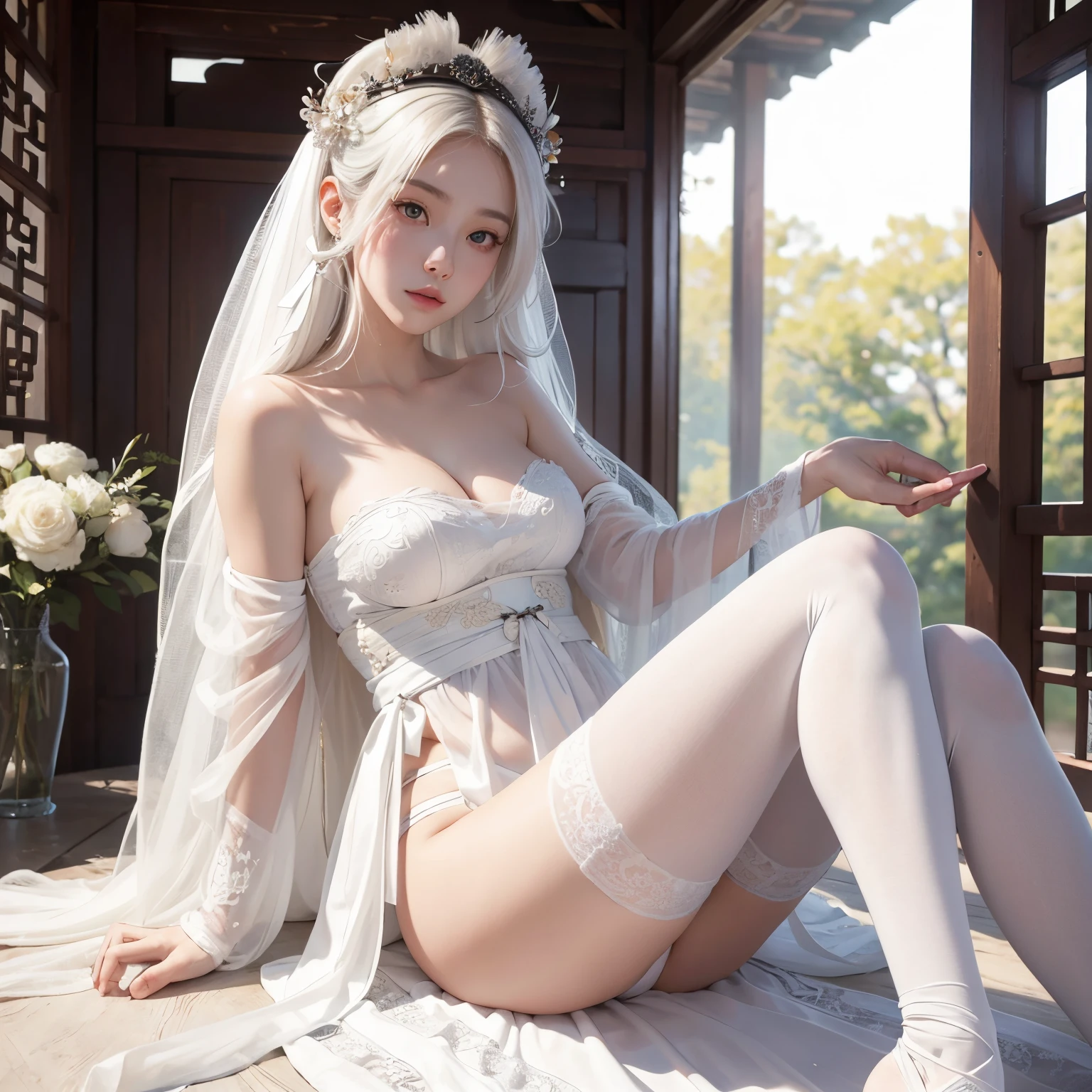 Ancient Chinese girl,18yr old,Long white hair,exquisite and beautiful eyes,White tulle covering,light yarn,middlebreast,Full body lesbian,long leges,A high resolution,super detailing(delicated face),and the sun was shining brightly,Strapless underwear,A large amount of white liquid adheres,Sit straddling the bed ,White Hanfu underwear,shoulder arm span,Raised sexy,