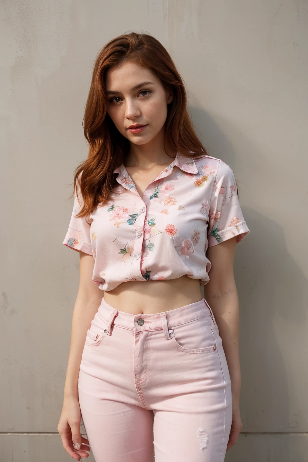 photorealistic redhead woman 35 years old brown eyes looking forward pink painted lips full body jeans short flower shirt