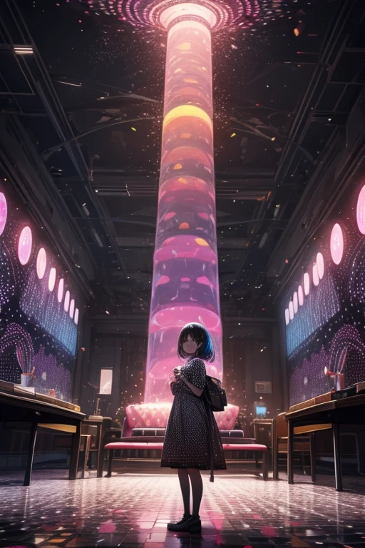 a woman standing in front of a display of polka dots, interactive art, lava lamps, black light, psychedelic architecture, drinking