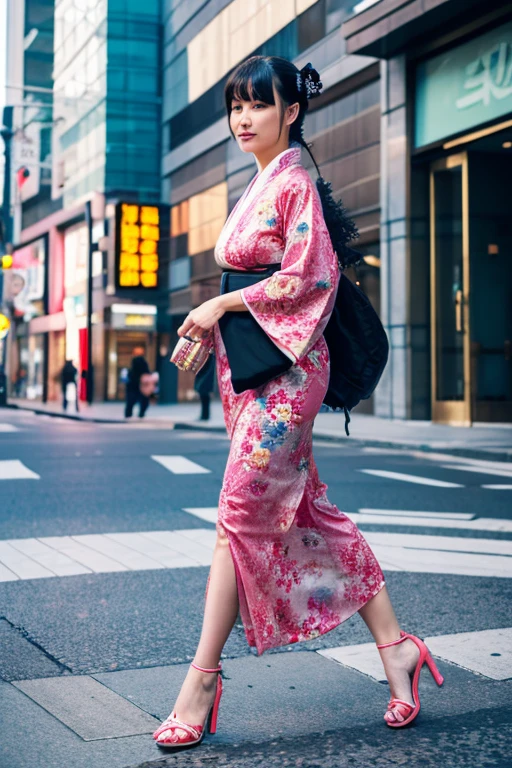 asian woman in kimono sexy walking through empty city street side angle