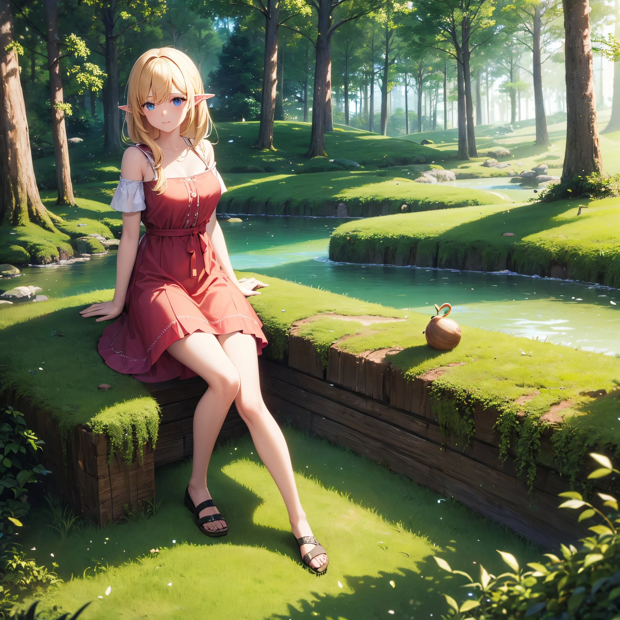 1 girl sentada num tronco, numa floresta, 8k , realista, orelha elfo, vestido branco, pele clara, Looking at the camera, sentada, forest area, sci-fi, fantasia, pele reluzente, grass and mosses on the ground, sapatilha , roupa limpa, encantadora, 8k