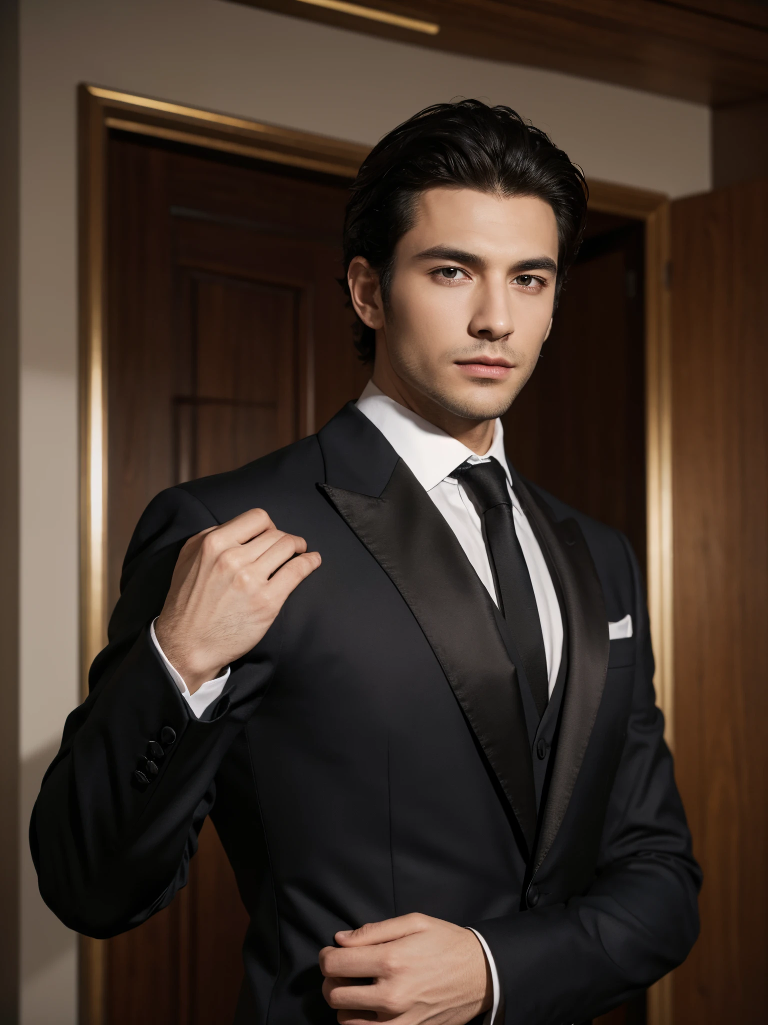 arafed man in a black suit, handsome male, handsome and attractive, handsome and elegant, portrait image, upper body, man in black suit, male model, attractive male, vitaly bulgarov, wearing a saint lauren black suit, attractive and good looking, luxury commercial photography